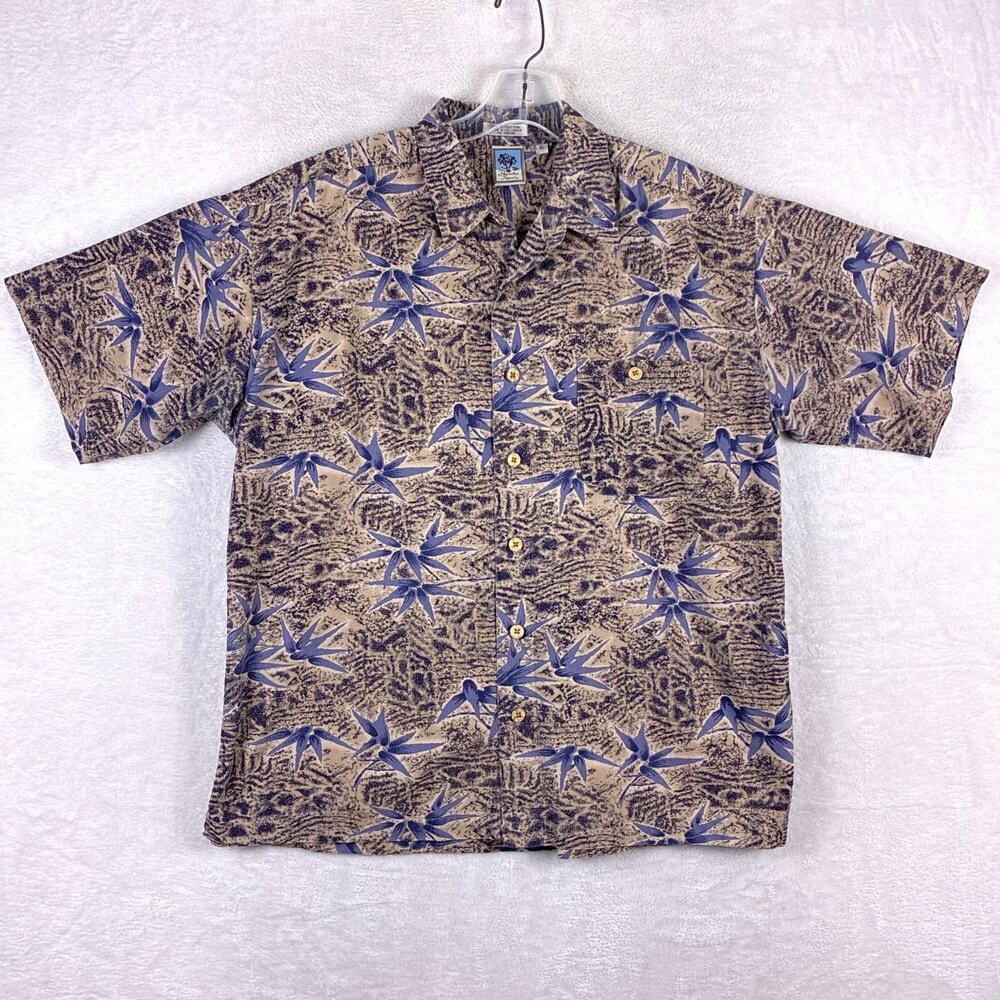 VTG Gotcha Sports Hawaiian Shirt Mens XL Beige Blue Tropical Floral Camp 90s